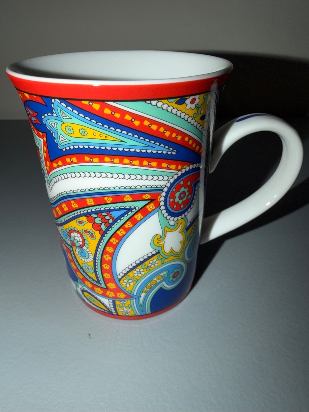 Vera Bradley White Ceramic Mug with Blue Logo and Red Rim